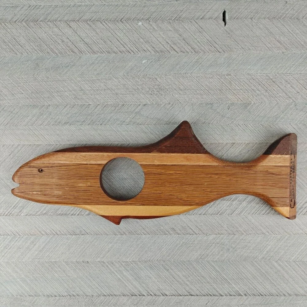 Handmade Wooden Fish Wine Bottle Holder Nautical Bar Decor Artist Signed